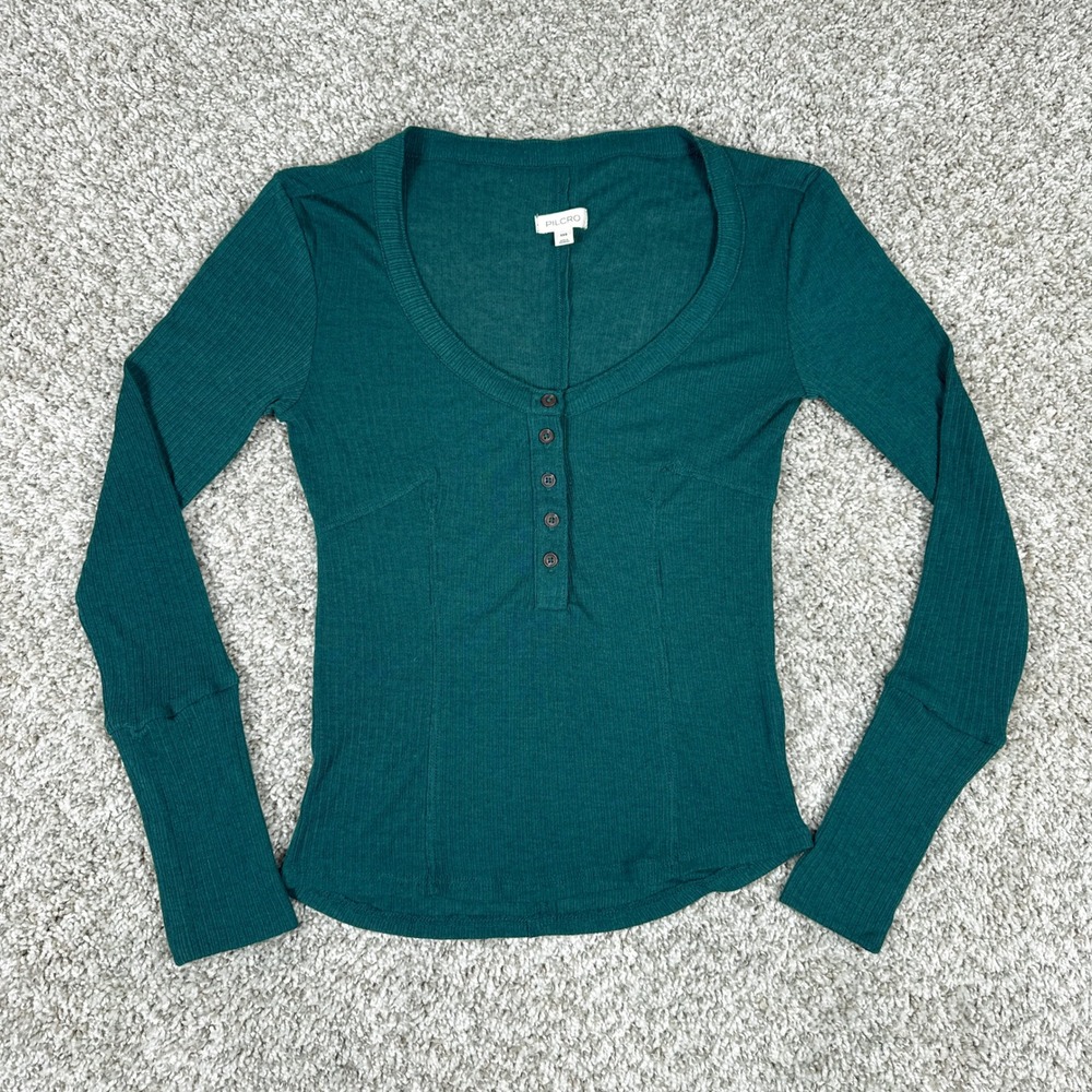 Pilcro Top Womens XXS Teal Green Henley Ribbed Polyester Viscose Casual Boho